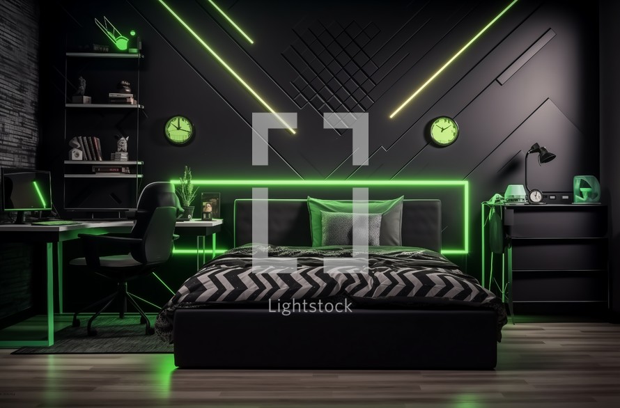 Stylish bedroom with geometric neon light patterns
