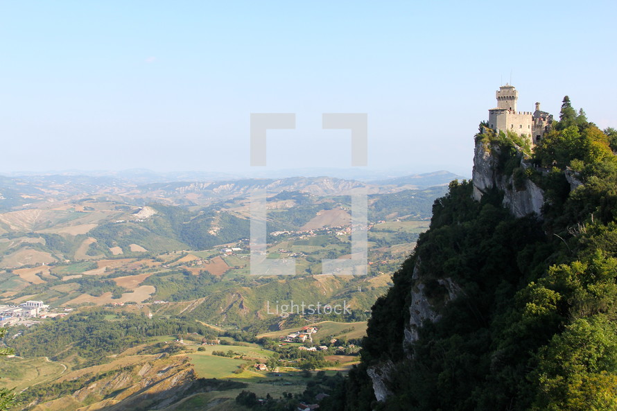 town in a valley and fortress on a mountainside in San Marino