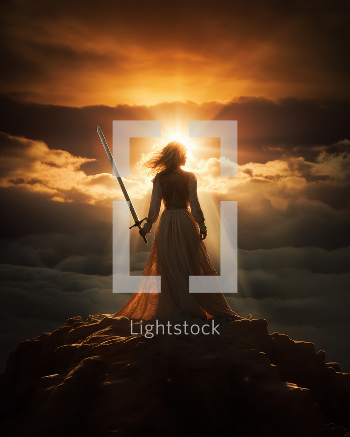 As the sun dips below the horizon, a faithful Christian warrior-woman stands resolute on the mountaintop, her sword poised to defend the vast fields below in a scene of unwavering devotion.