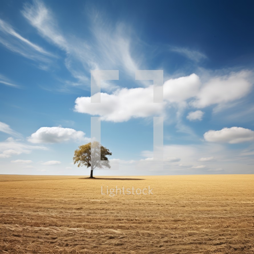 A solitary tree stands tall in an open field, its branches reaching towards the sky The vastness of the landscape emphasizes the tree's isolation and creates a sense of tranquility