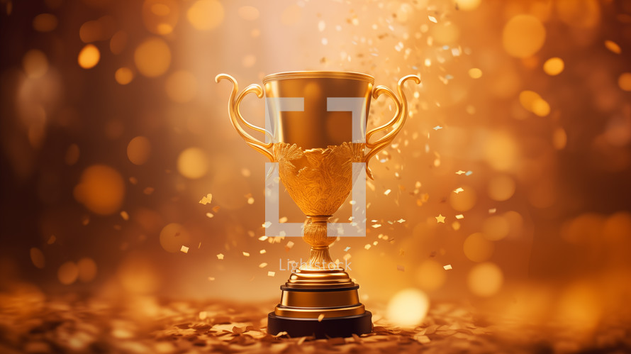 Gold trophy with confetti and bokeh. 