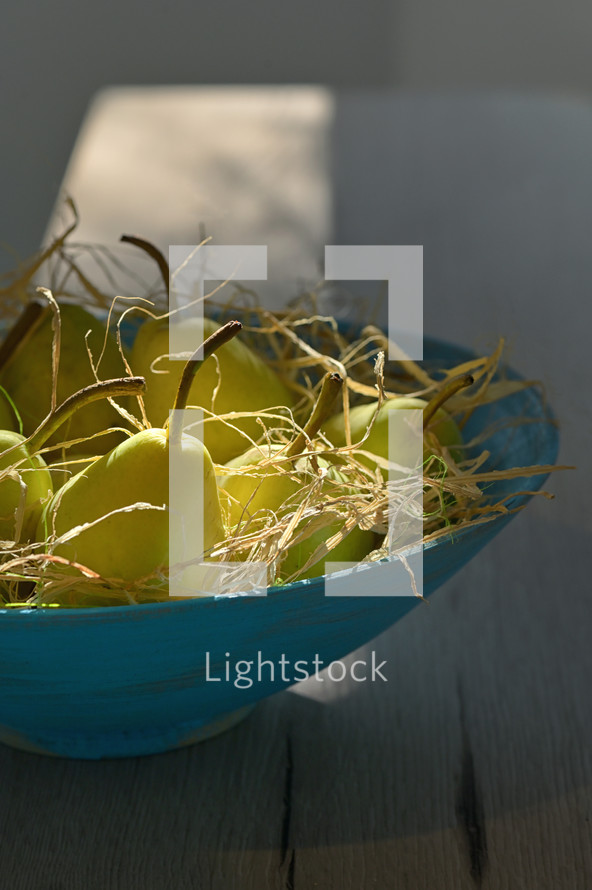 Pears in blue basket and natural sunlight