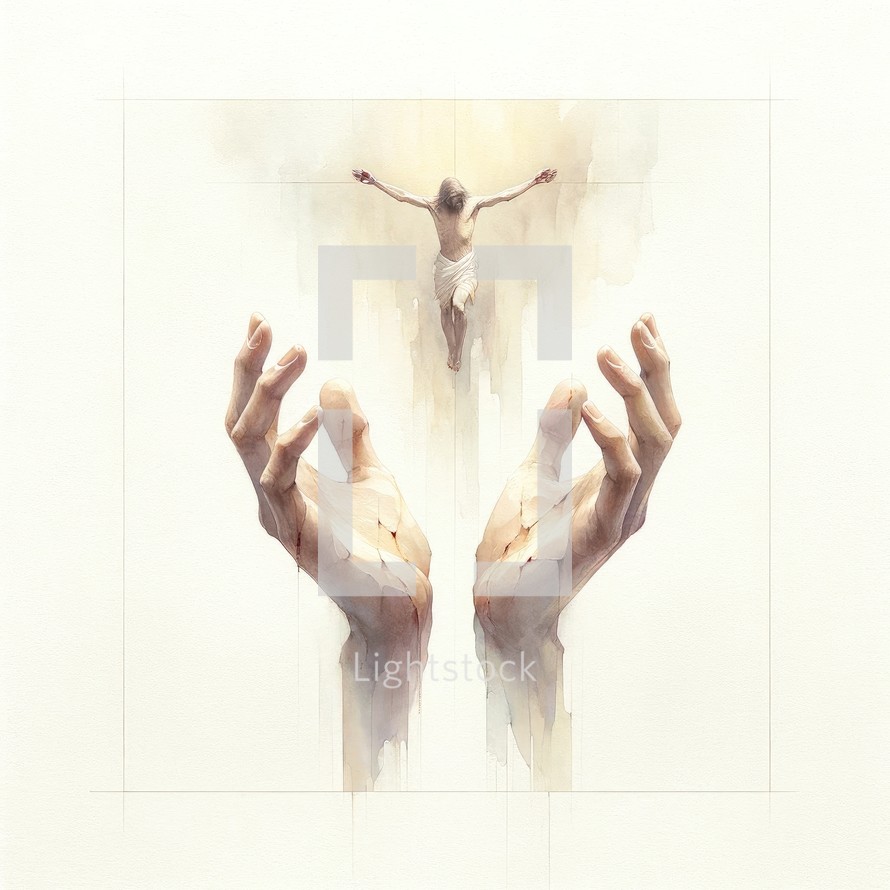 Sacred Scars: The Stigmata of Christ. Hands towards Jesus Christ on the cross on a white background. Digital painting.