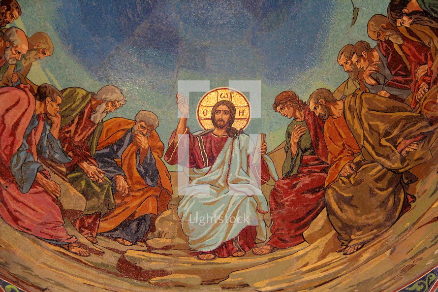 Mosaic of Jesus giving the Farewell Discourse (John 14-17) to his disciples, after the Last Supper.