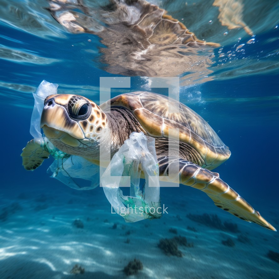 Hawaiian green sea turtle in a plastic bag on the seabed