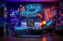 A teenager room with vibrant neon lights and graffiti art on the wall