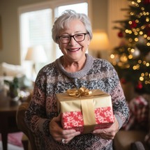 Portrait of smiling senior woman holding gift box in living room at home