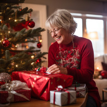 Happy senior woman opening Christmas present at home in the living room