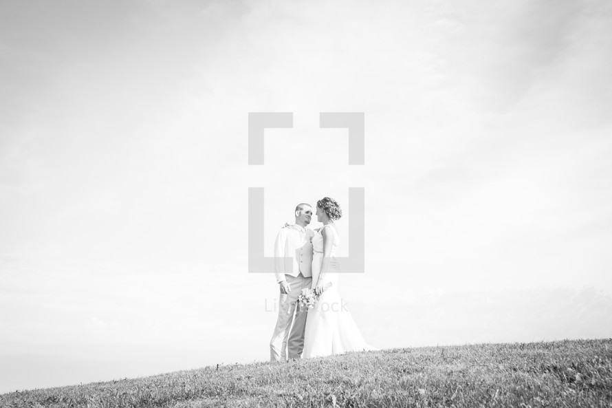 portrait of a bride and groom standing on a hill 