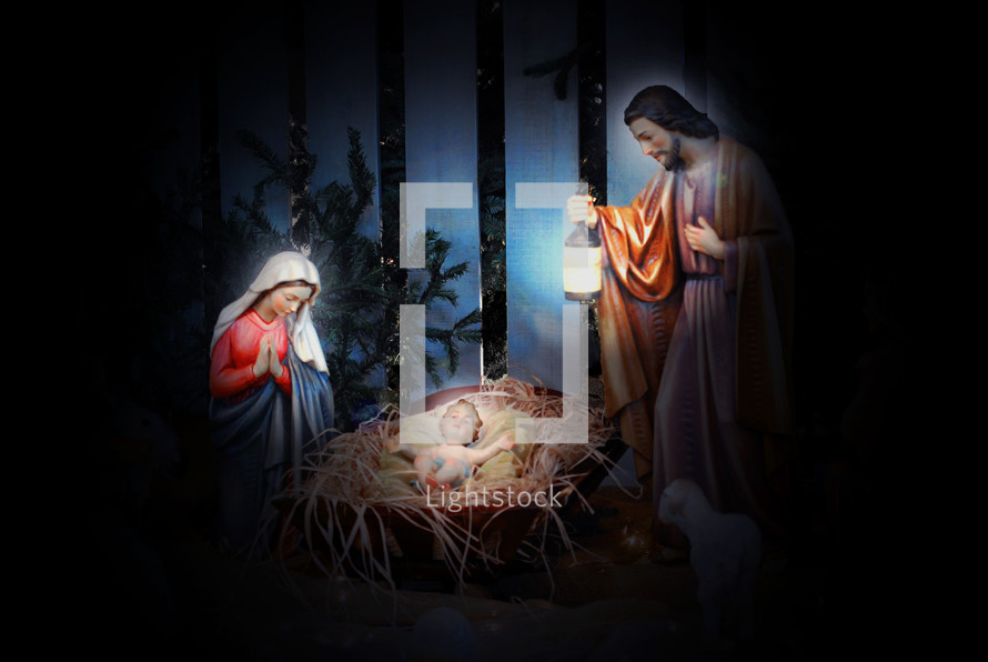 Nativity scene with Mary, Joseph, and Baby Jesus.