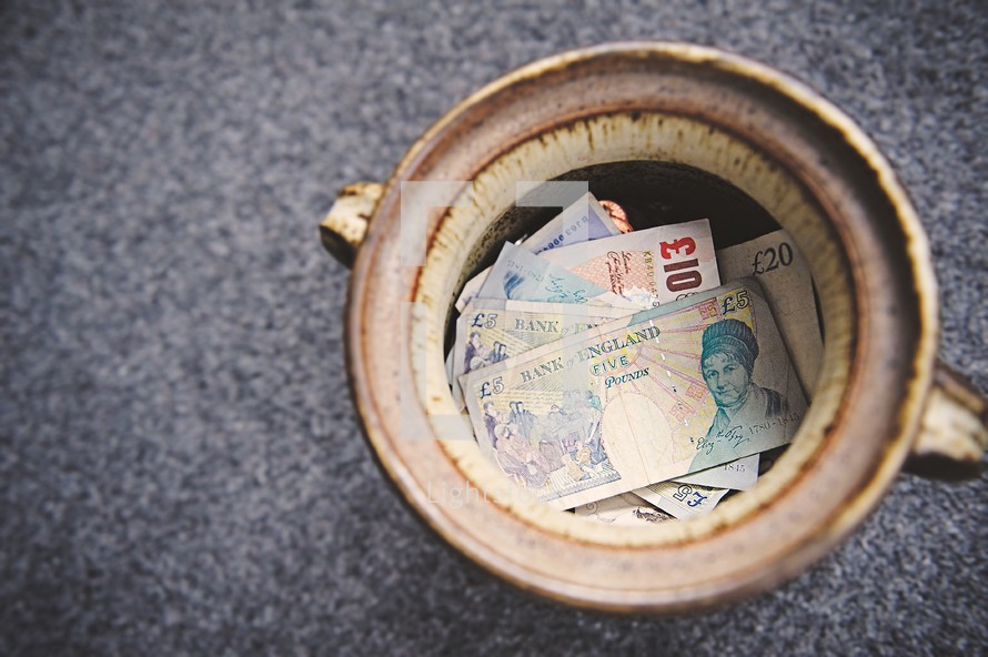 pot of European currency, cash 