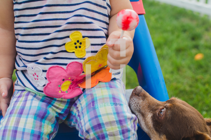 a toddler girl holding a sucker and a dog looking up 