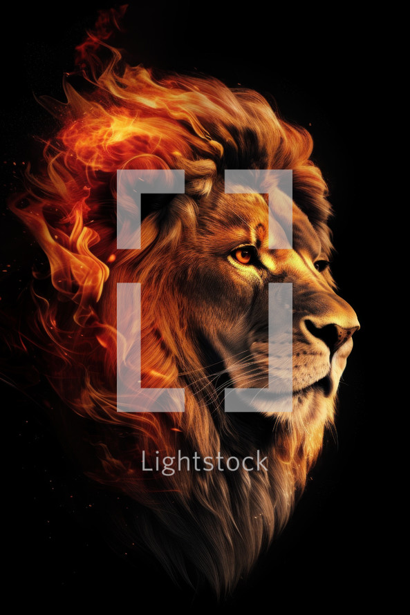 A mighty lion with its mane on fire