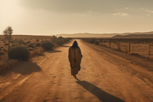 A man walking on a dusty road in the middle east
