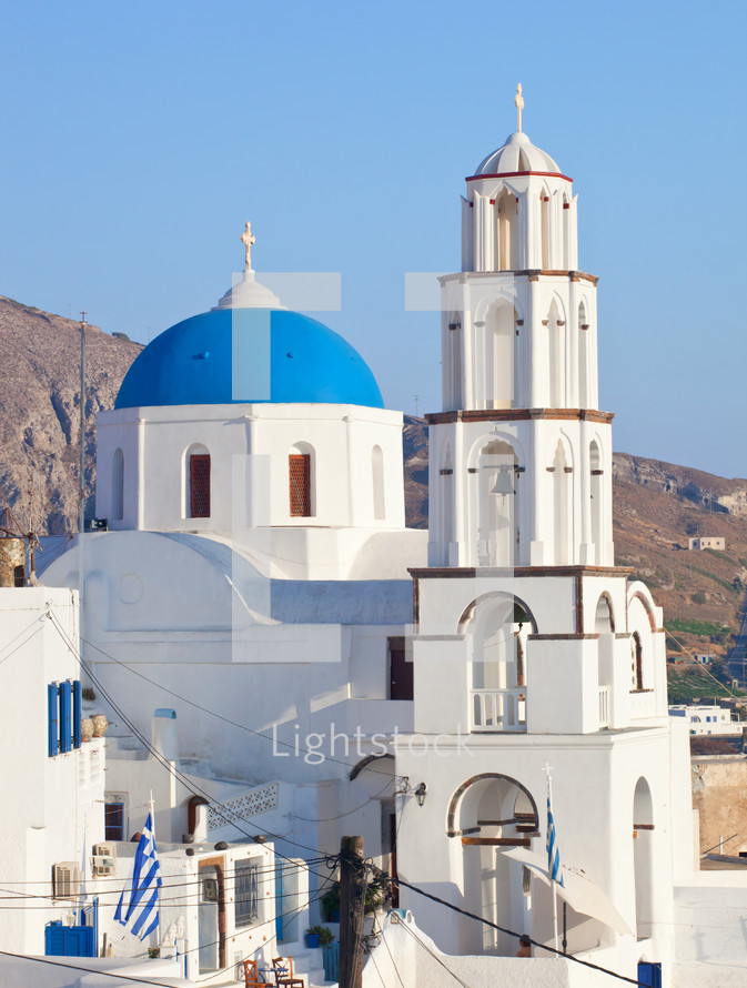 Santorini, Pyrgos, Theotokaki Church with blue cupola.