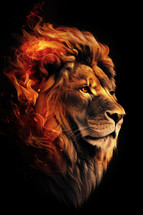 A mighty lion with its mane on fire