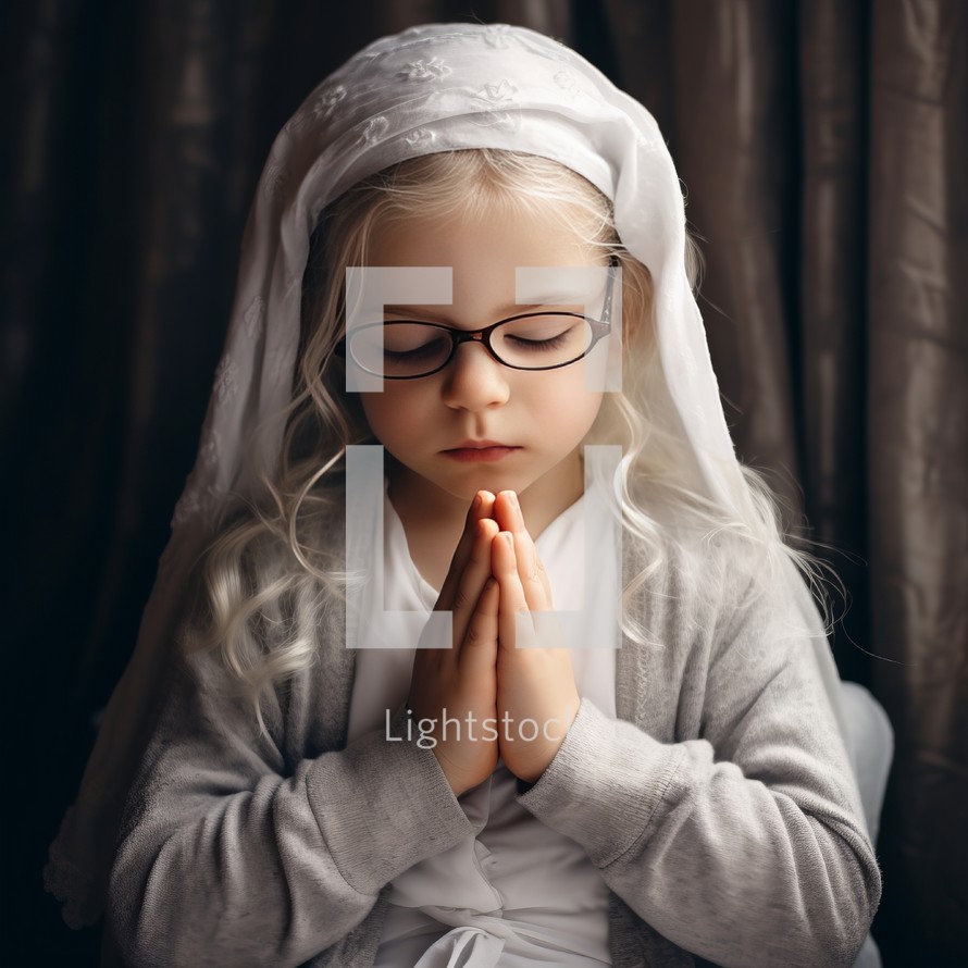 Young girl with glasses, hands folded in prayer. Soft light emphasizes peaceful ambiance