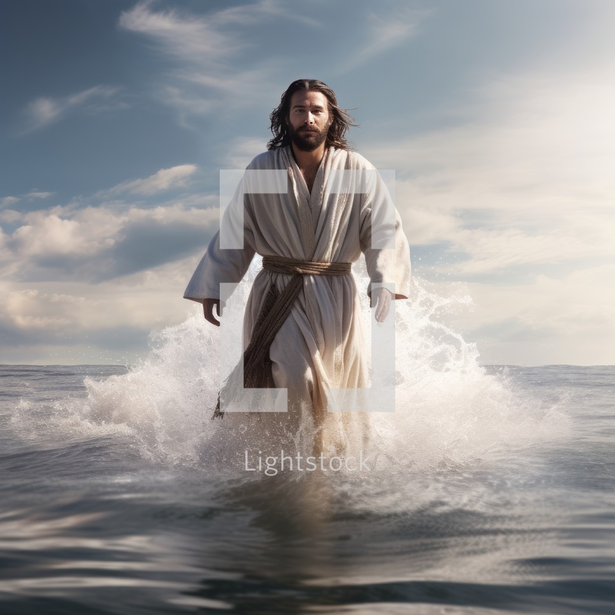 Jesus is seen walking on water, a serene and divine depiction of a biblical miracle.