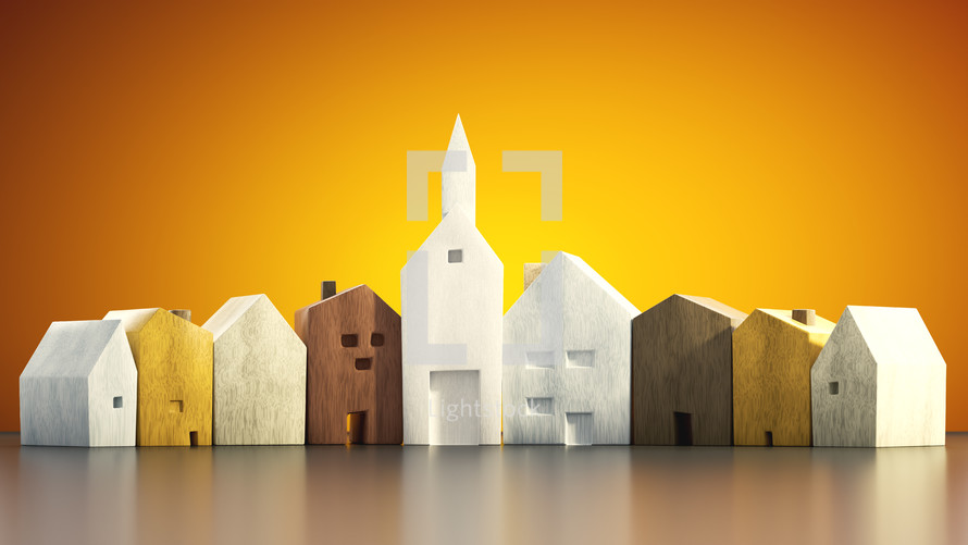 small wooden houses and church 