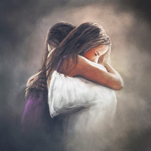 A digital painting showing the embrace between a young woman and Jesus.