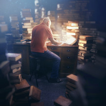 A man is studying while surrounded by towers of books.