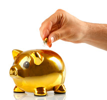 Golden piggy bank with small light bulbs on white background