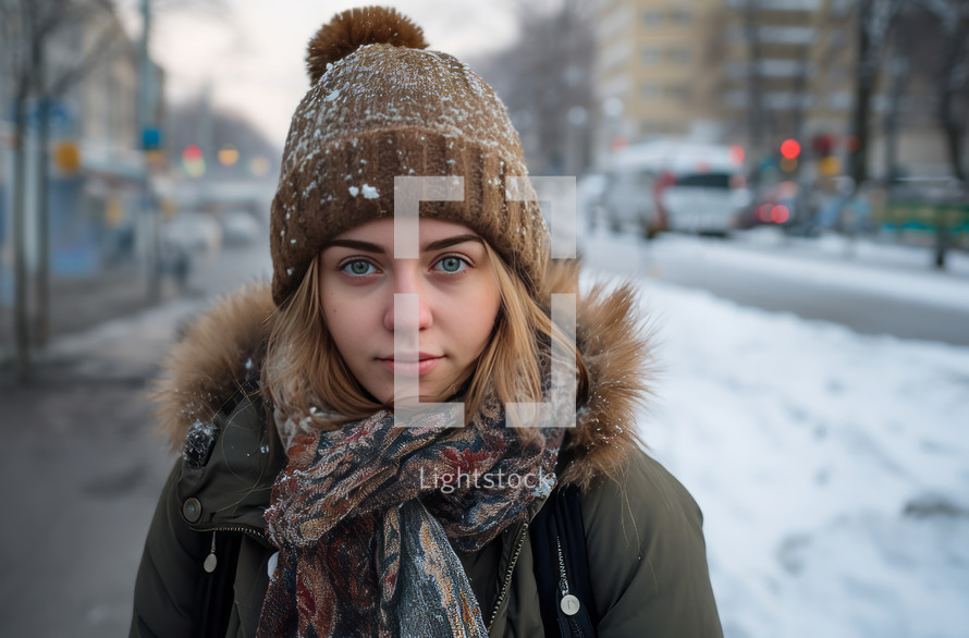 A girl, dressed in a hat and a colorful scarf, stands on a snowy street in 40-degree weather. Her frozen eyebrows and eyelashes vividly depict the harshness of winter