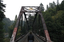 Back of a man walking on a train track on a bridge.