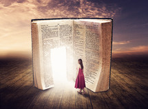 woman walking through a glowing door in a Bible