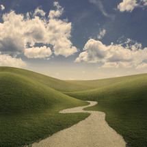 A pathway leading into the grassy field with rolling hills.