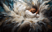 Man rests inside a large feathered wing.