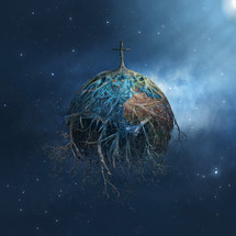 rooted cross on planet in space 