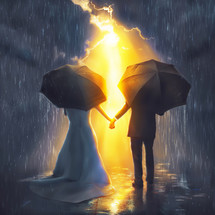 A husband and wife stand in a rain storm, with the sun breaking through the clouds.
