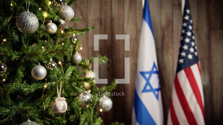 Israel and American Flags near Christmas tree
