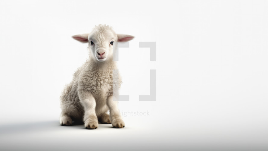 A lamb sits down looking up against a white background
