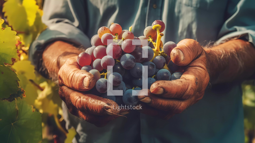 Hand touch Bunches of red wine grapes vineyard. AI Generative