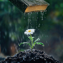 Water from the Bible rains down on a flower.