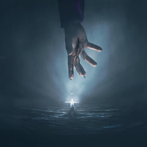 A surreal digital illustration of the hand of Jesus above a man who is glowing bright white