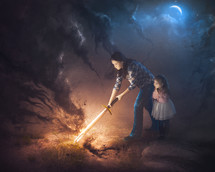A mother uses her sword to fight the darkness with her daughter standing behind her.
