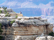 A man sits alone on top of a rocky canyon cliff in The Grand Canyon in Arizona.  