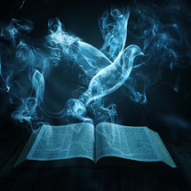 smoke dove over pages of a Bible 