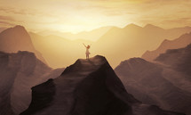 a woman standing on a mountain top with raised hands 