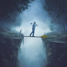 Digital painting of a man walking over a cliff after chopping down a dead end sign