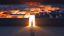 A man stands before a large maze with lights shining on the right path