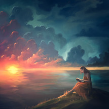 A woman reads her Bible peacefully as the sun sets over the water. Digital illustration