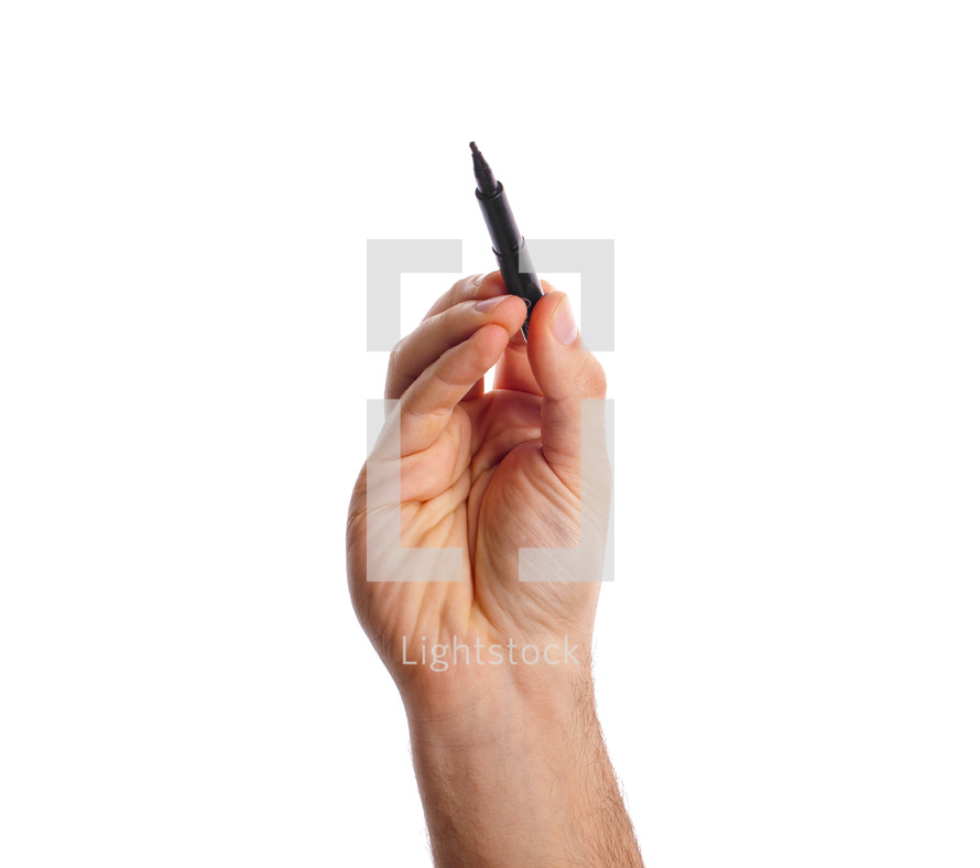 Male hand, holding one pen. Isolated on white background.