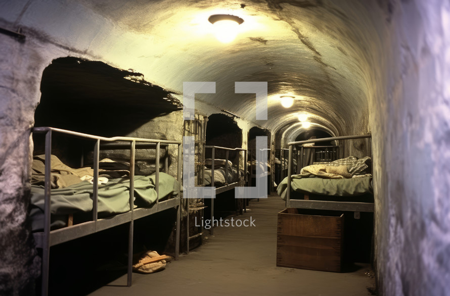 Inside a bomb shelter, rows of neatly arranged beds fill a tunnel-like space, devoid of people. Overhead ceiling lamps provide illumination in this prepared refuge