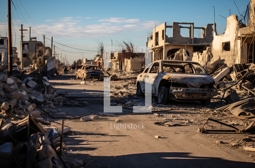 Destroyed buildings and car