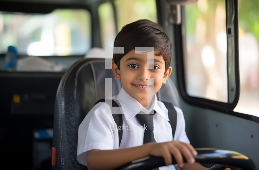 A 7-year-old boy playfully pretending to be a bus driver