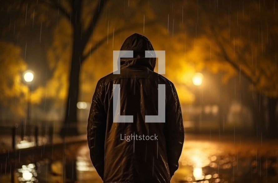 A man in a raincoat walks through a park at night while autumn rain falls